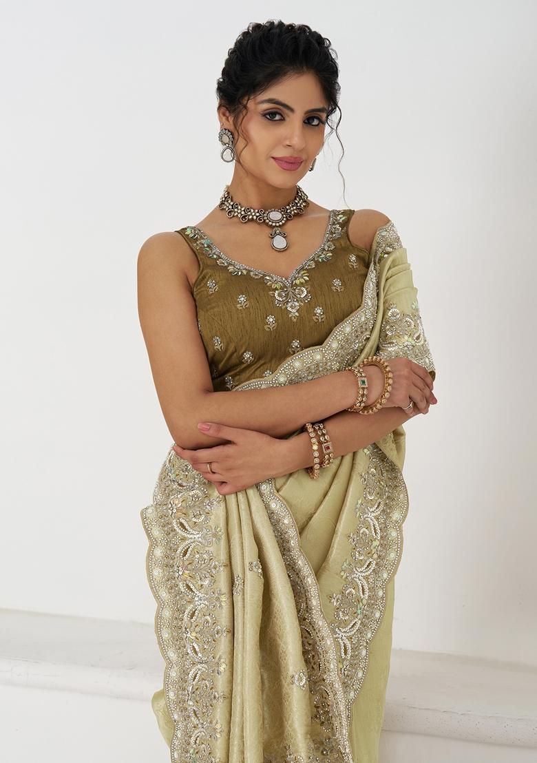 Chiku Brown Aari Work Silk Saree Set