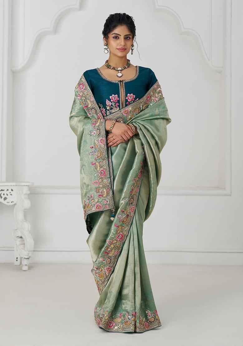 Dark Blue Sequin Work Silk Saree Set