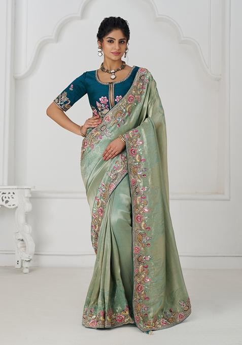 Dark Blue Sequin Work Silk Saree Set