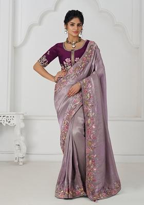 Dark Mauve Sequin Work Silk Saree Set