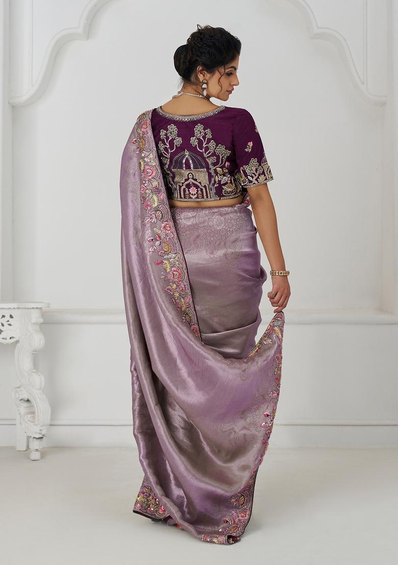 Dark Mauve Sequin Work Silk Saree Set