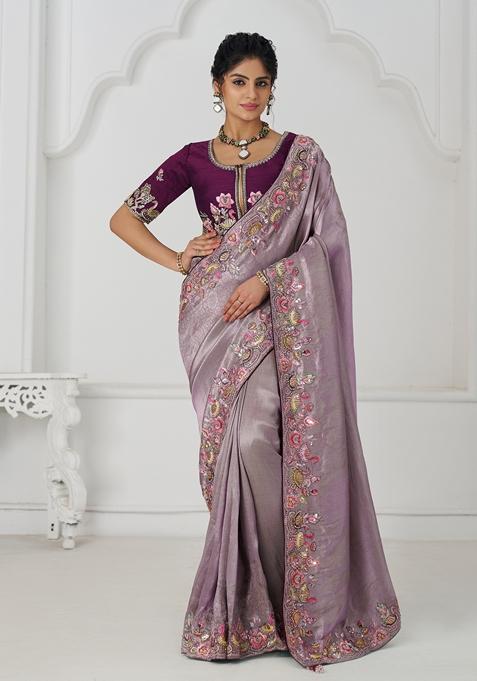 Dark Mauve Sequin Work Silk Saree Set