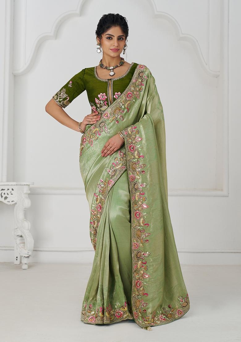Mehendi Green Sequin Work Silk Saree Set