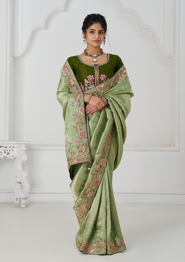Mehendi Green Sequin Work Silk Saree Set