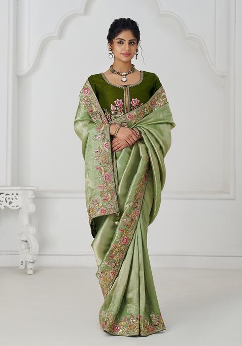 Mehendi Green Sequin Work Silk Saree Set
