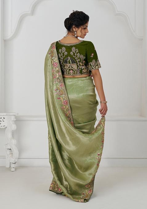 Mehendi Green Sequin Work Silk Saree Set