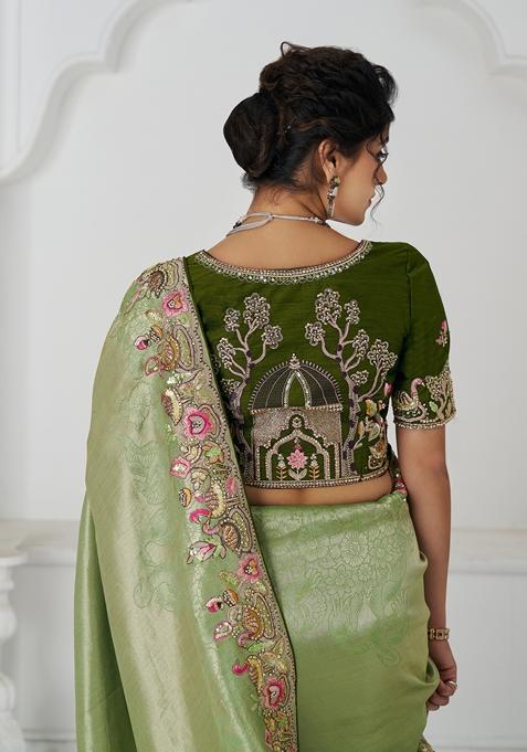 Mehendi Green Sequin Work Silk Saree Set