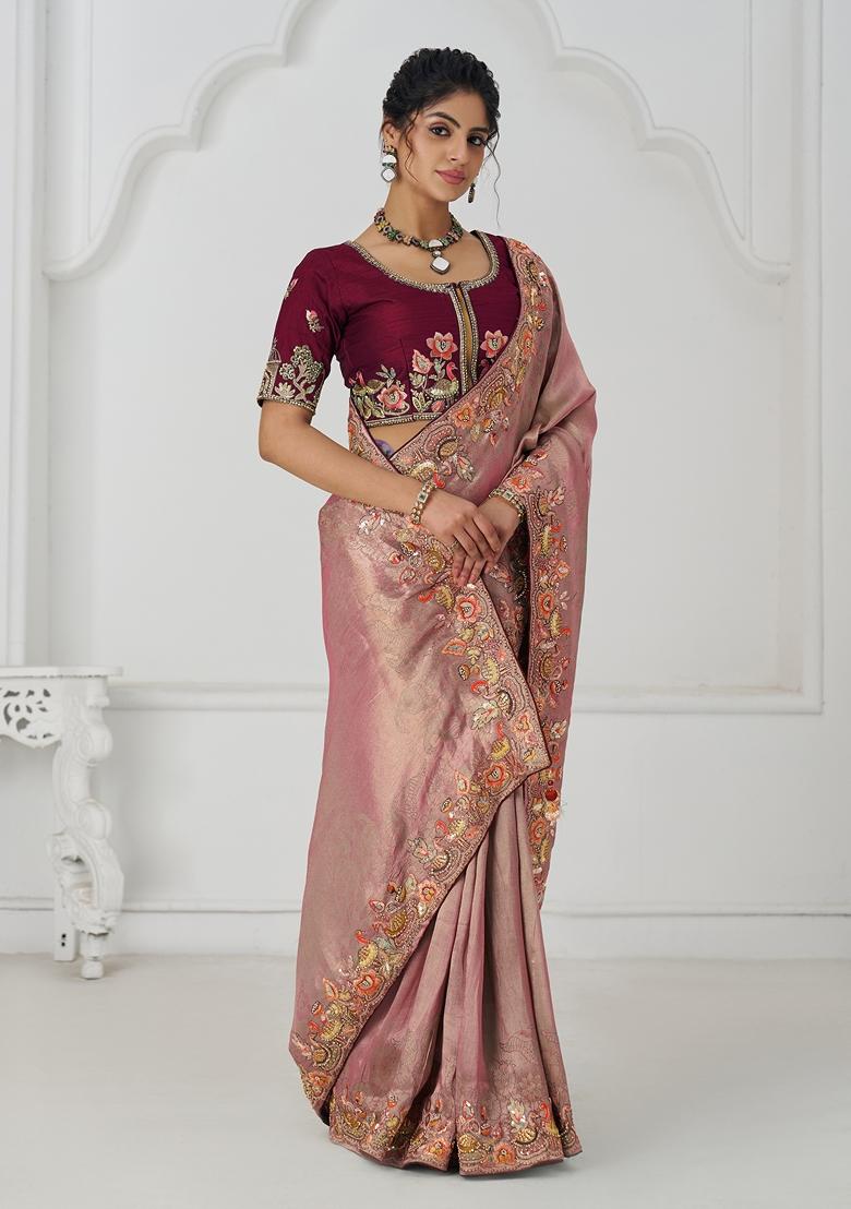 Dark Pink Sequin Work Silk Saree Set