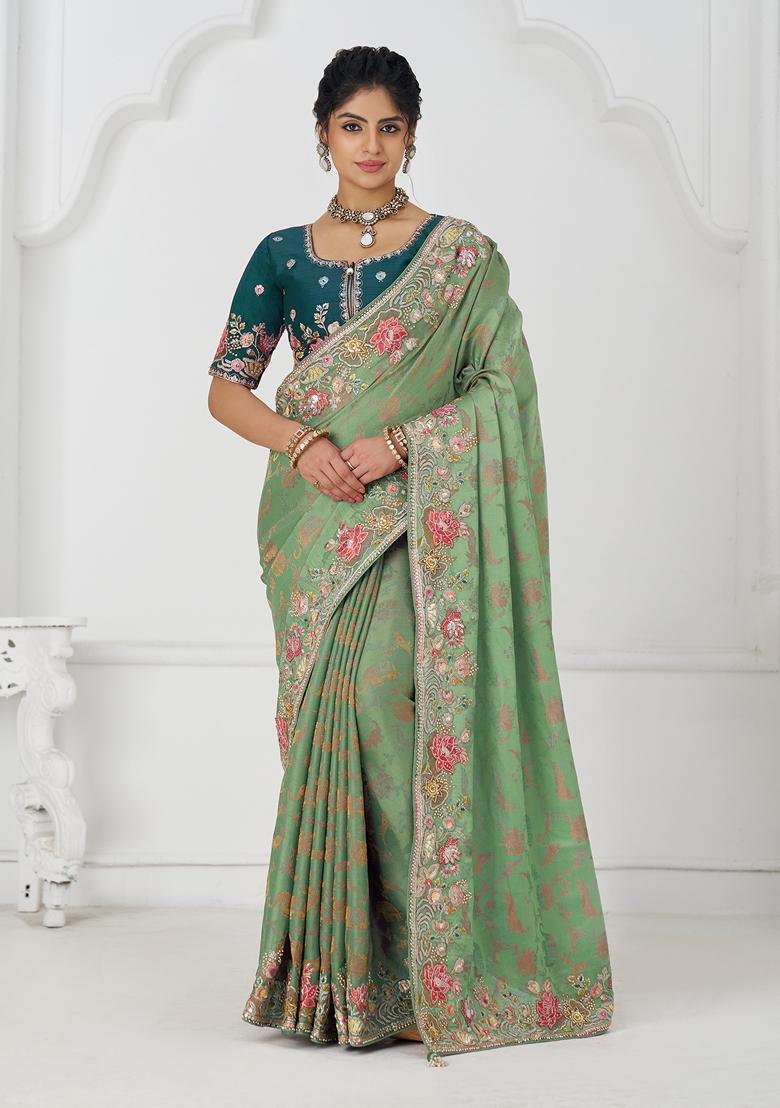 Green Sequin Work Silk Saree Set