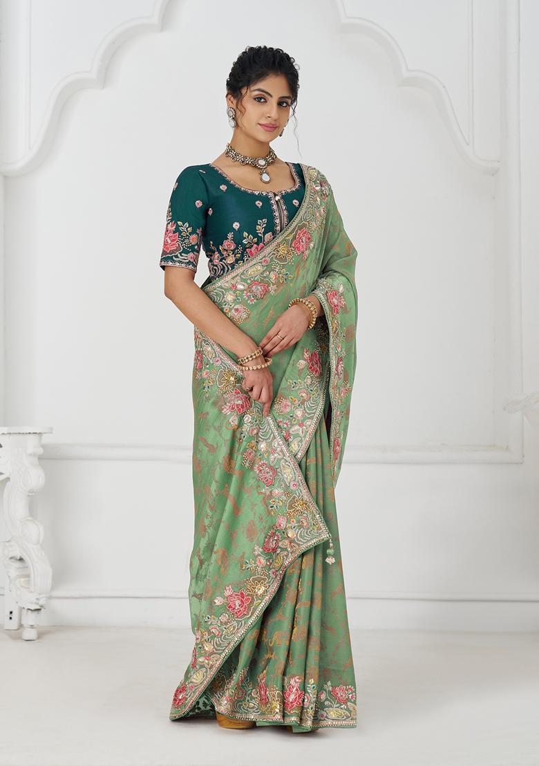 Green Sequin Work Silk Saree Set