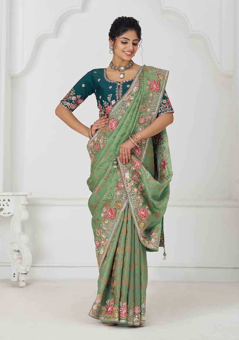 Green Sequin Work Silk Saree Set