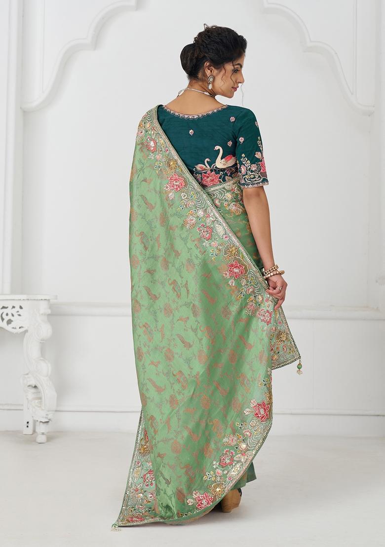 Green Sequin Work Silk Saree Set
