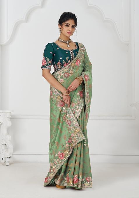 Green Sequin Work Silk Saree Set