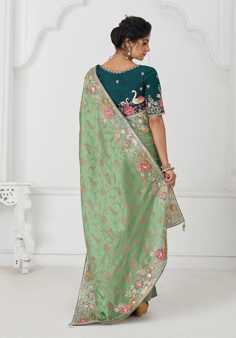 Green Sequin Work Silk Saree Set