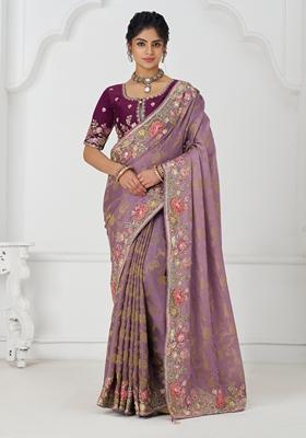 Mauve Blue Sequin Work Silk Saree Set