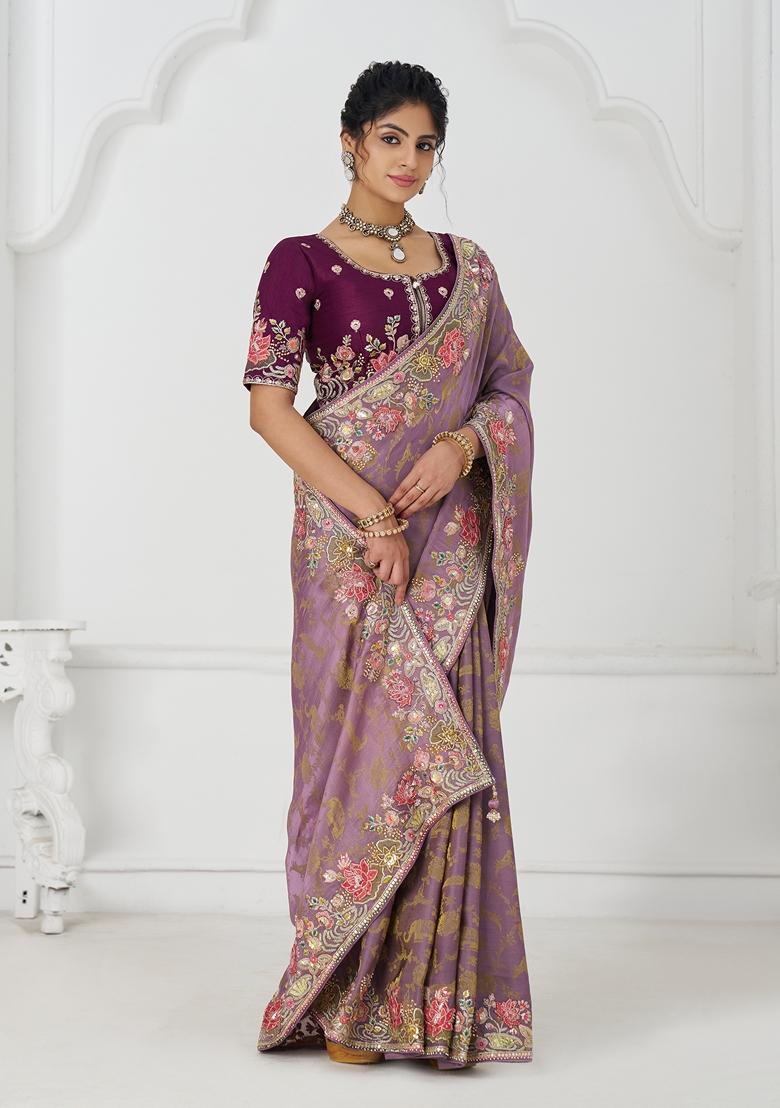 Mauve Blue Sequin Work Silk Saree Set