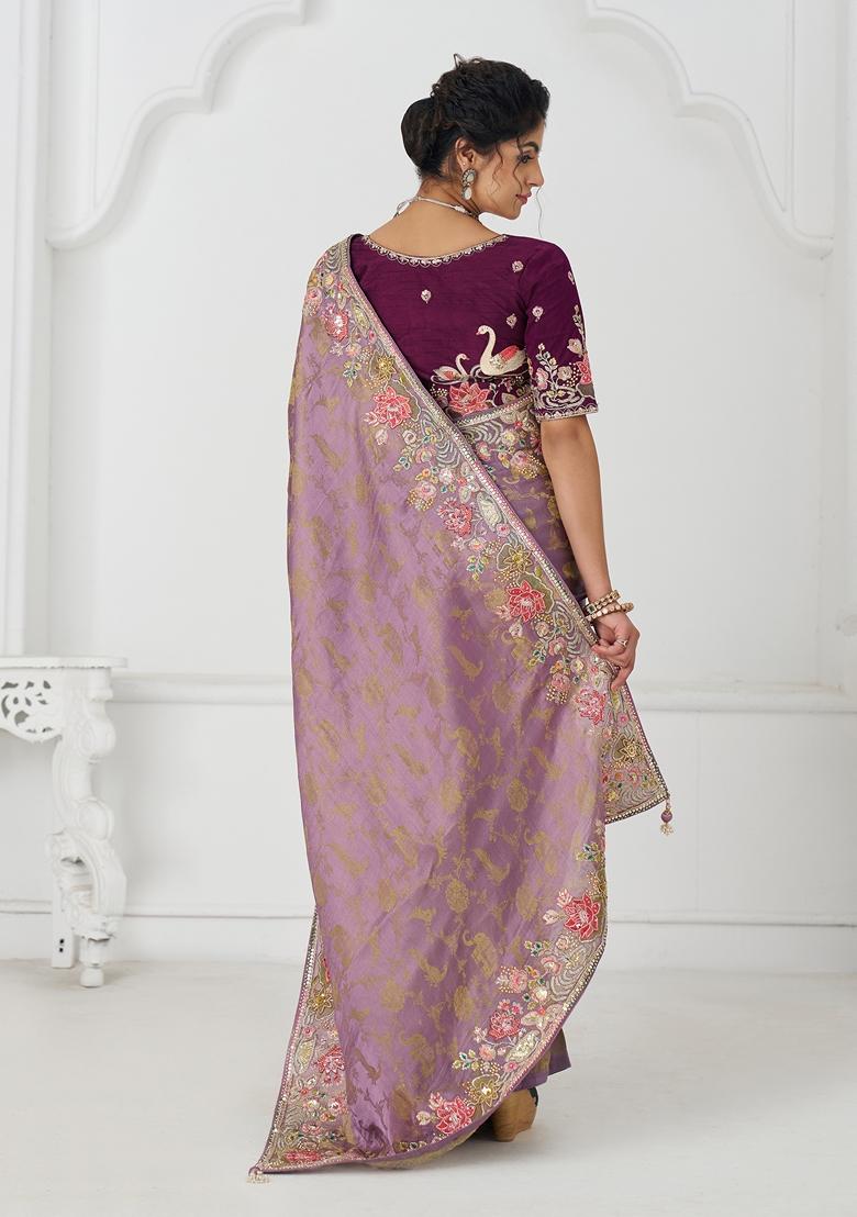 Mauve Blue Sequin Work Silk Saree Set