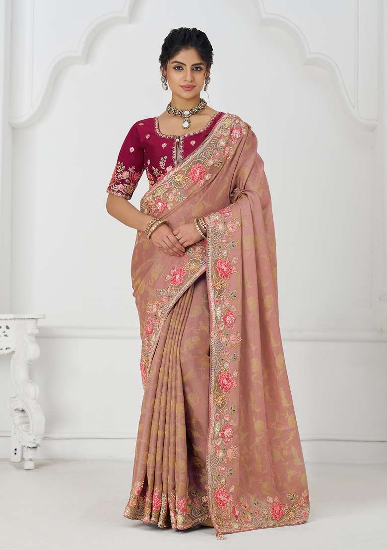 Peach Sequin Work Silk Saree Set - Indya