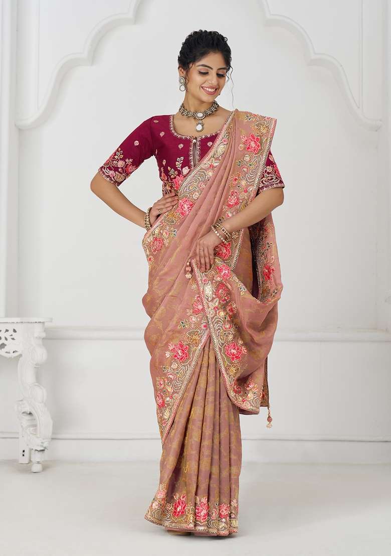 Peach Sequin Work Silk Saree Set - Indya