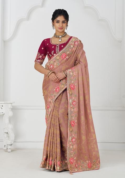 Peach Sequin Work Silk Saree Set