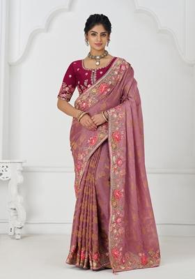 Pink Sequin Work Silk Saree Set