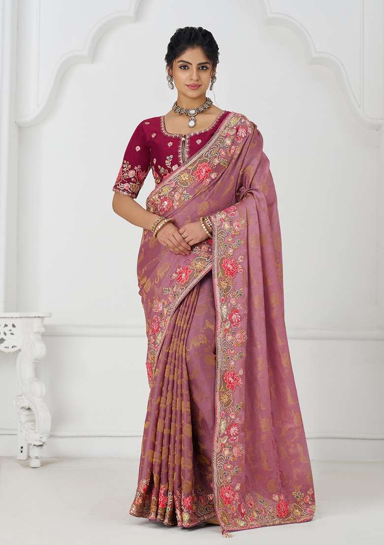 Pink Sequin Work Silk Saree Set - Indya
