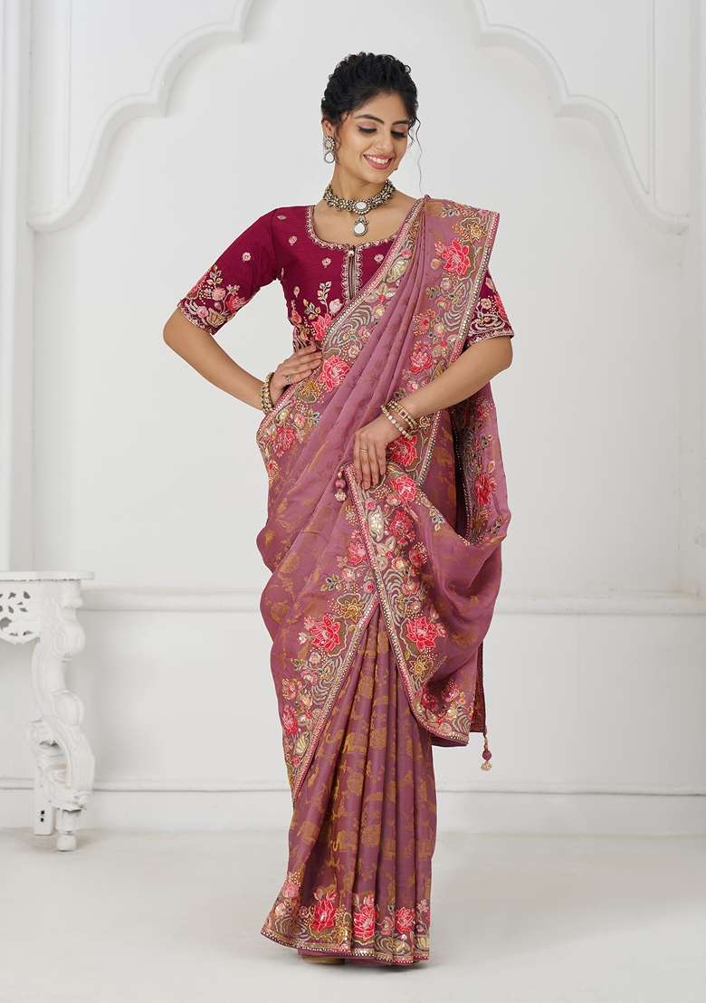 Pink Sequin Work Silk Saree Set - Indya