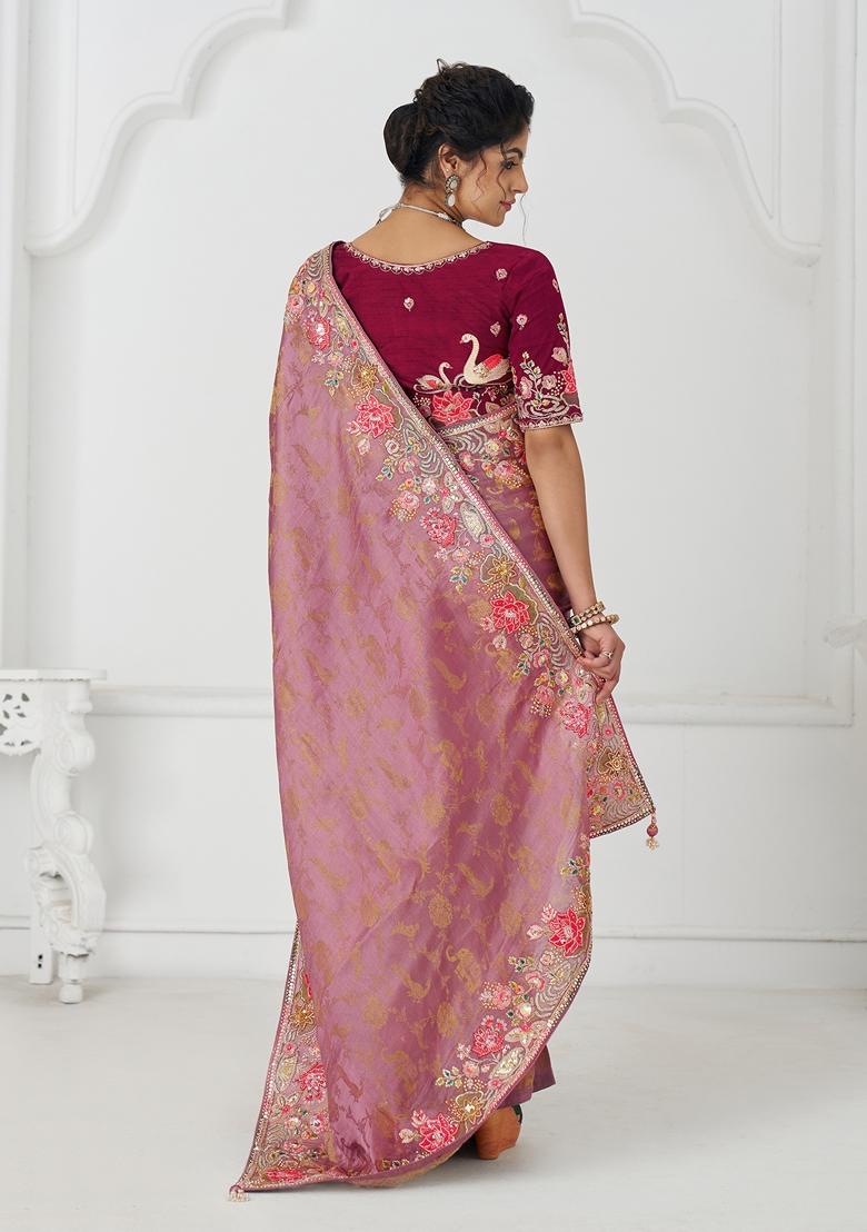 Pink Sequin Work Silk Saree Set