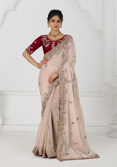 Red Sequin Work Silk Saree Set