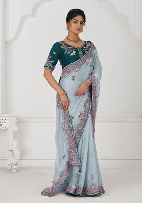 Blue Sequin Work Silk Saree Set
