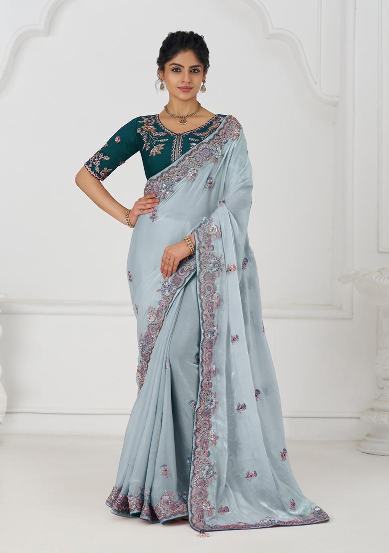 Blue Sequin Work Silk Saree Set