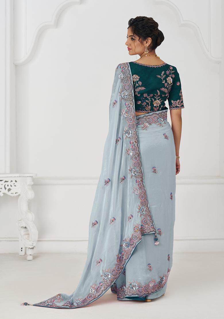 Blue Sequin Work Silk Saree Set