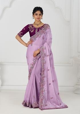 Mauve Blue Sequin Work Silk Saree Set