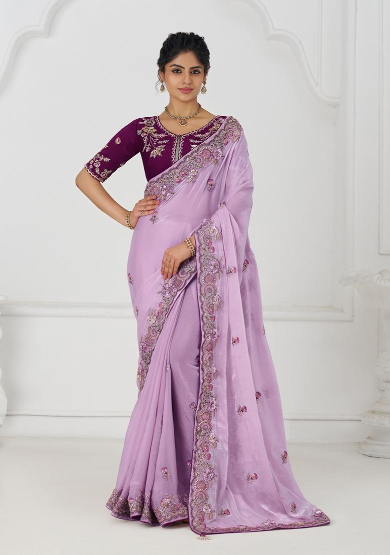 Mauve Blue Sequin Work Silk Saree Set