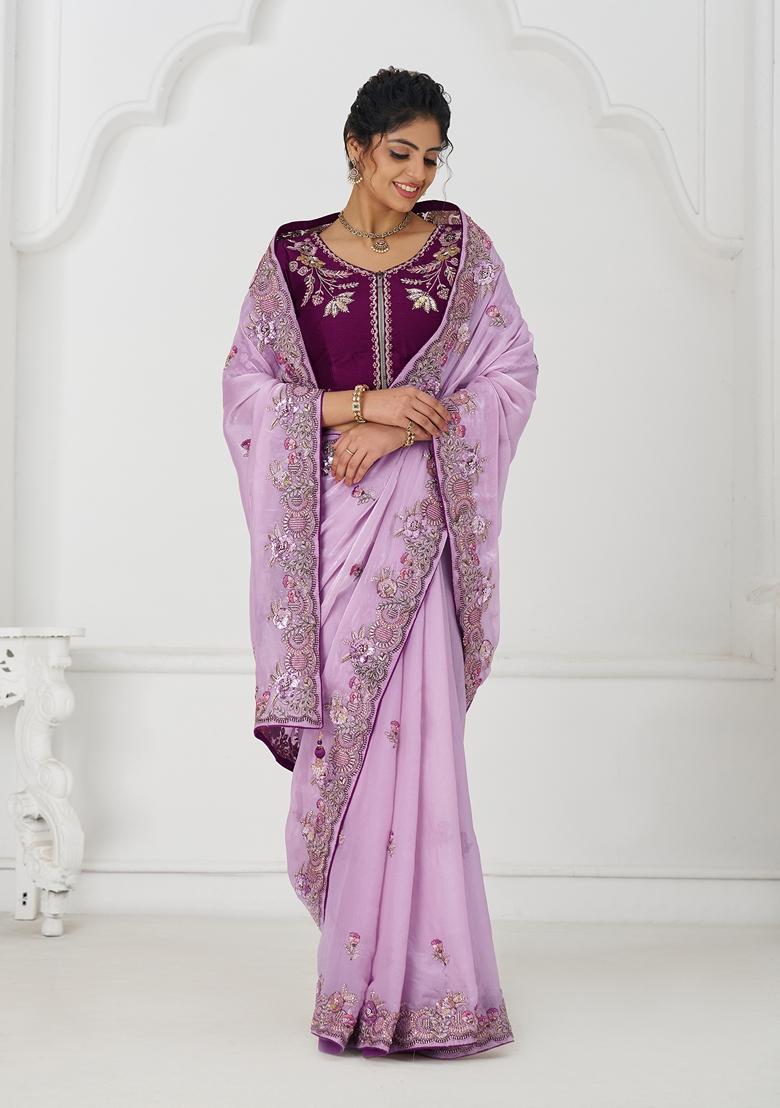 Mauve Blue Sequin Work Silk Saree Set