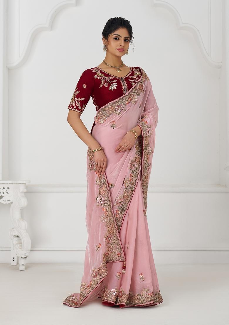 Pink Sequin Work Silk Saree Set