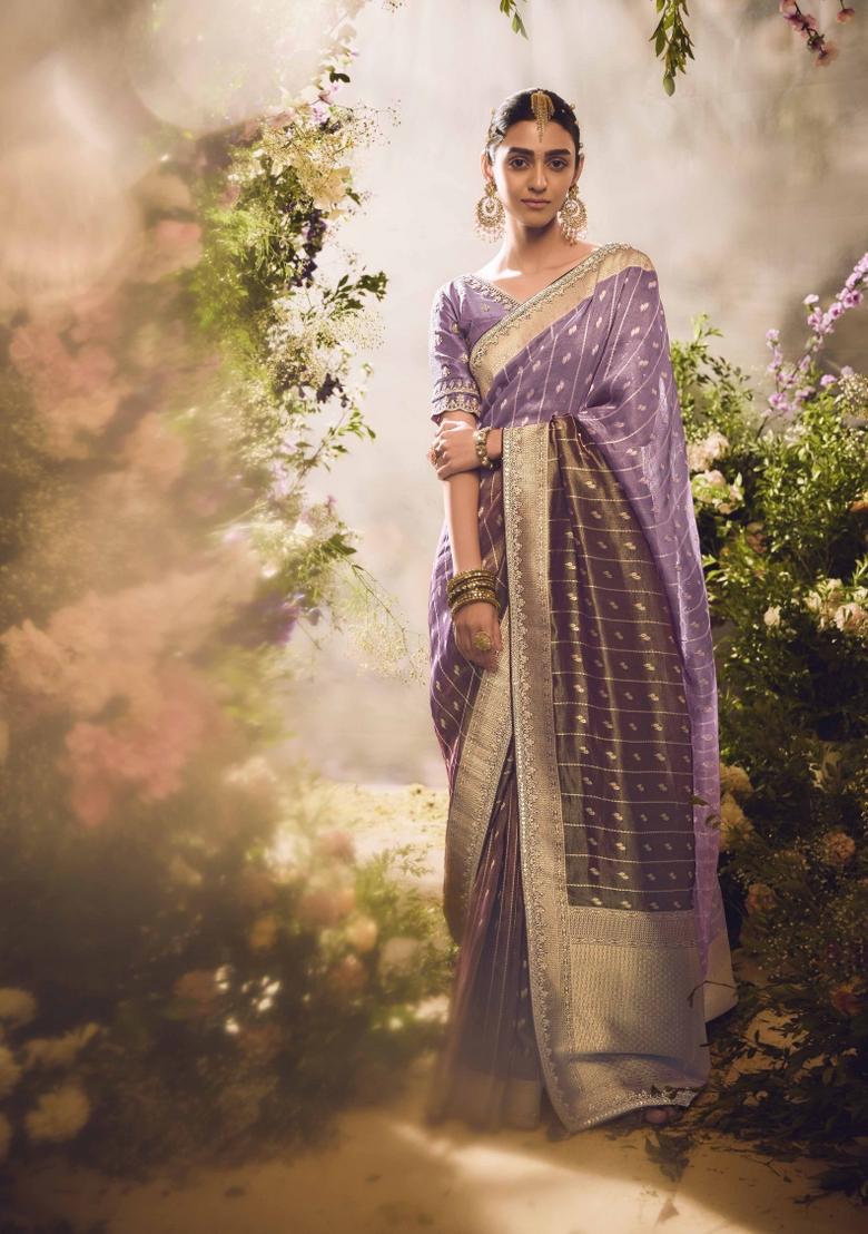 Mauve Blue Embroidered Banarasi Silk Saree Set