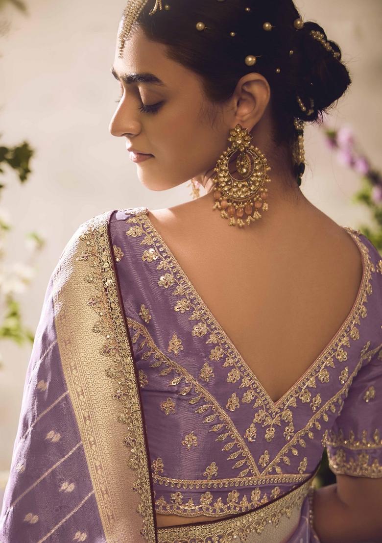 Mauve Blue Embroidered Banarasi Silk Saree Set