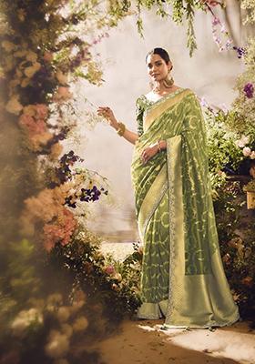 Light Green Embroidered Banarasi Silk Saree Set