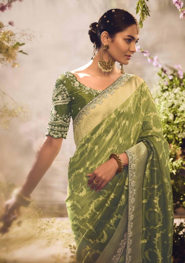 Light Green Embroidered Banarasi Silk Saree Set