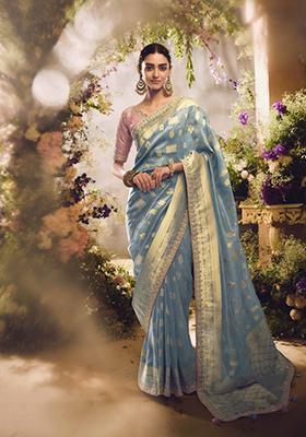 Sky Blue Embroidered Banarasi Silk Saree Set