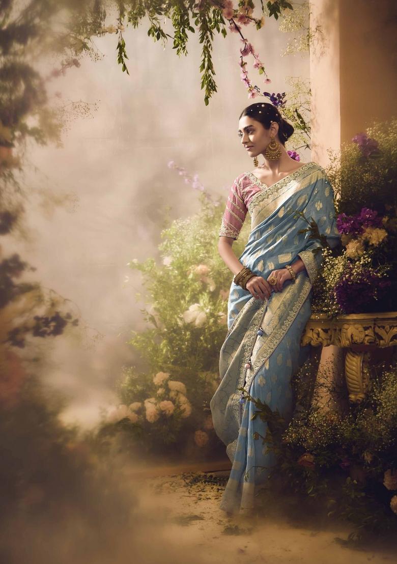 Sky Blue Embroidered Banarasi Silk Saree Set