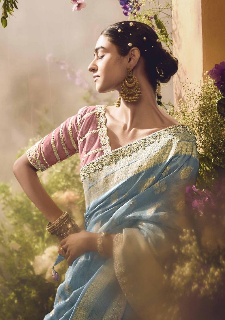 Sky Blue Embroidered Banarasi Silk Saree Set