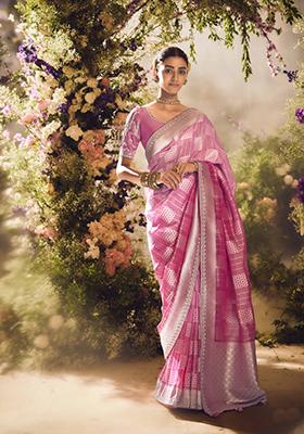 Pink Embroidered Banarasi Silk Saree Set