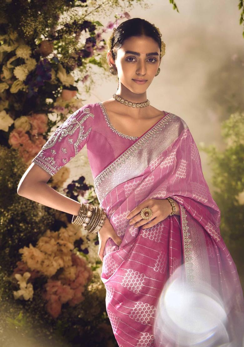 Pink Embroidered Banarasi Silk Saree Set