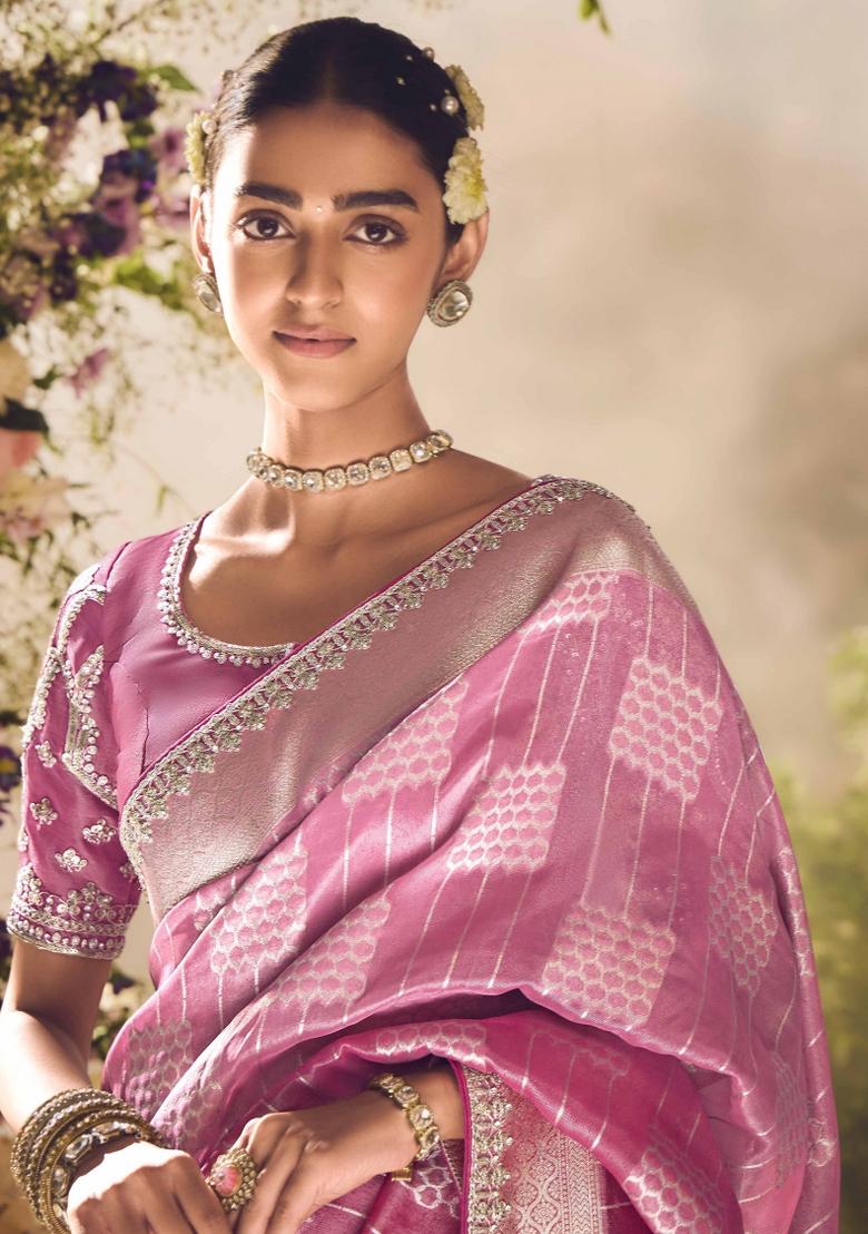 Pink Embroidered Banarasi Silk Saree Set