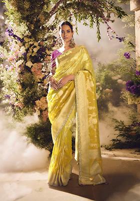 Yellow Embroidered Banarasi Silk Saree Set