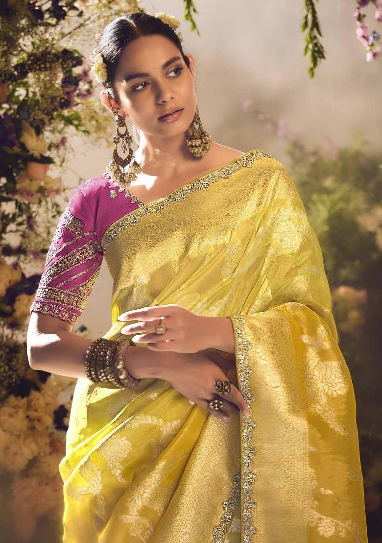 Yellow Embroidered Banarasi Silk Saree Set