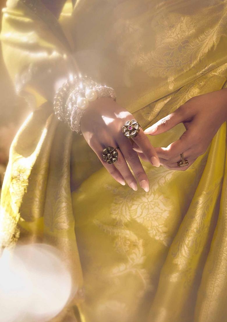 Yellow Embroidered Banarasi Silk Saree Set