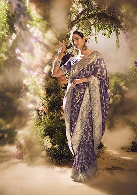 Mauve Blue Embroidered Banarasi Silk Saree Set